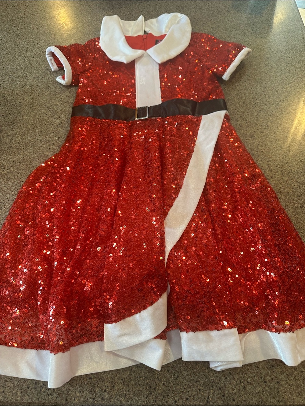 Red Sequin Holiday Dress with White Trim